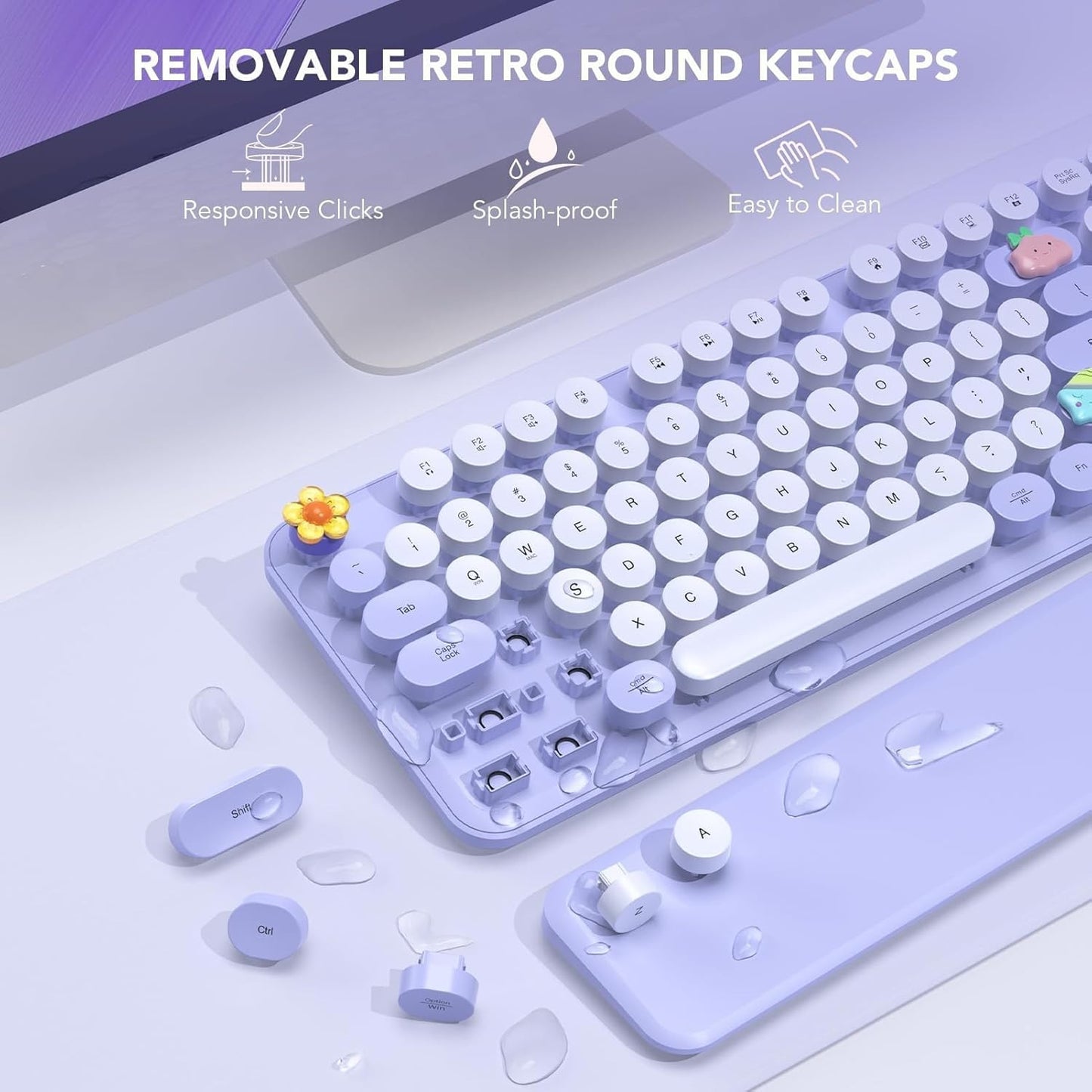 Wireless Retro Typewriter Keyboard Round Keycaps Detachable Wrist Rest Purple