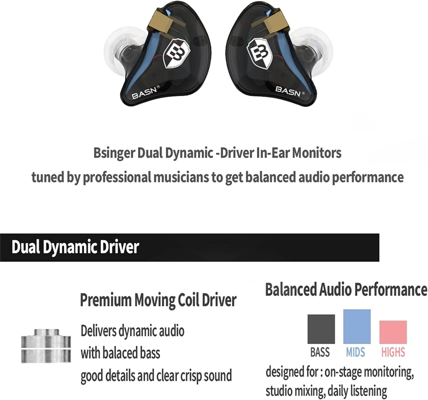 PRO Bsinger in Ear Monitor Headphones Musicians Dynamic Driver Black