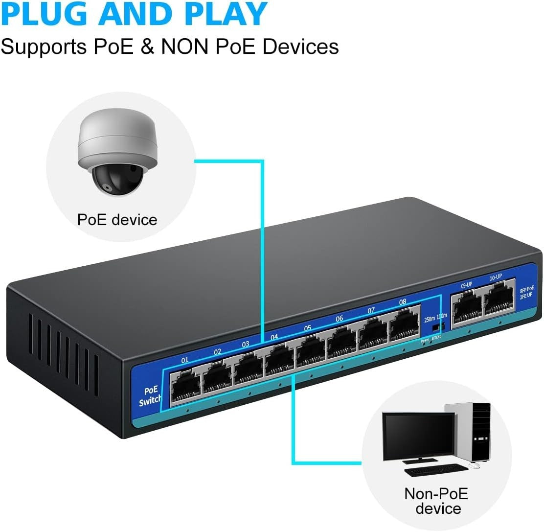 120W 8-Port PoE Switch with 2 Uplink Ports, Fanless, Unmanaged, Metal Case