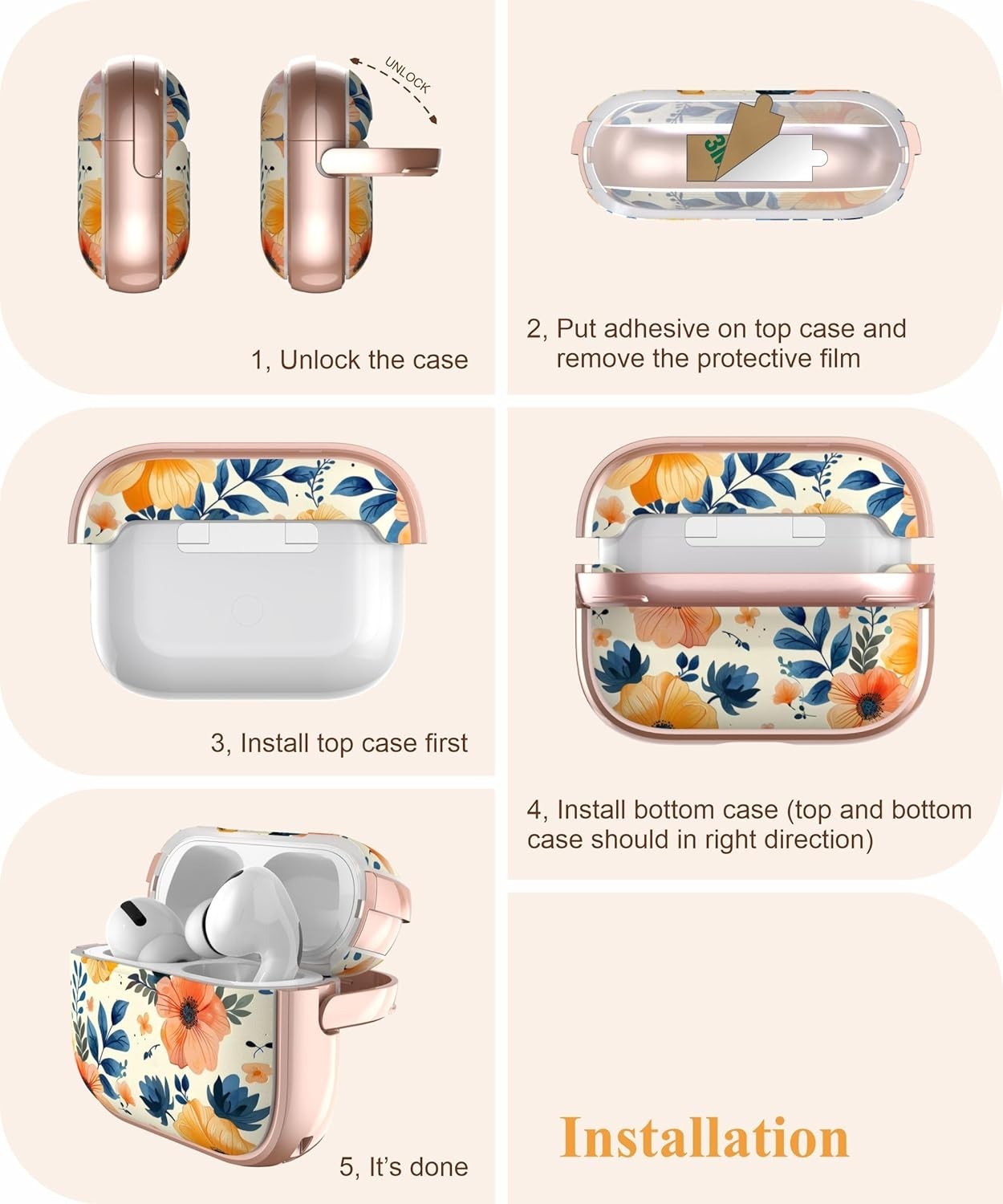 TATOFY AirPods Pro 1 & 2 Case with Lock – Floral Hard Cover + Cleaner Kit