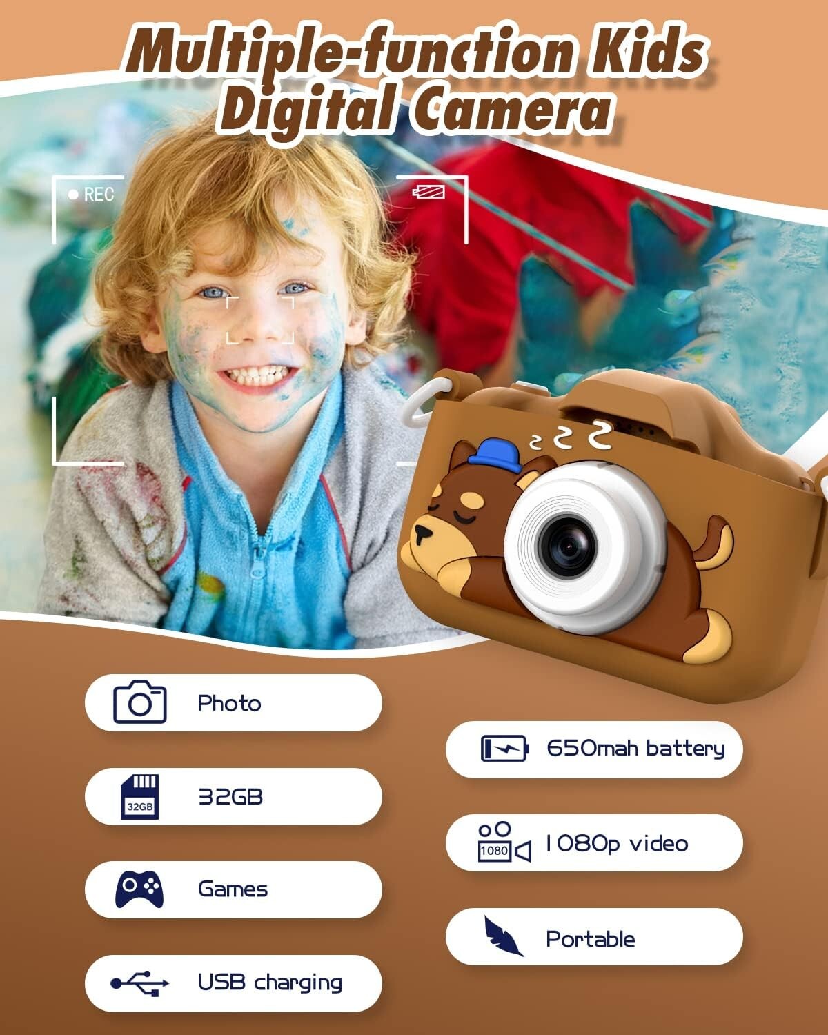 32GB 1080P Slothcloud Cartoon Kids Selfie Camera DogBrown Kids
