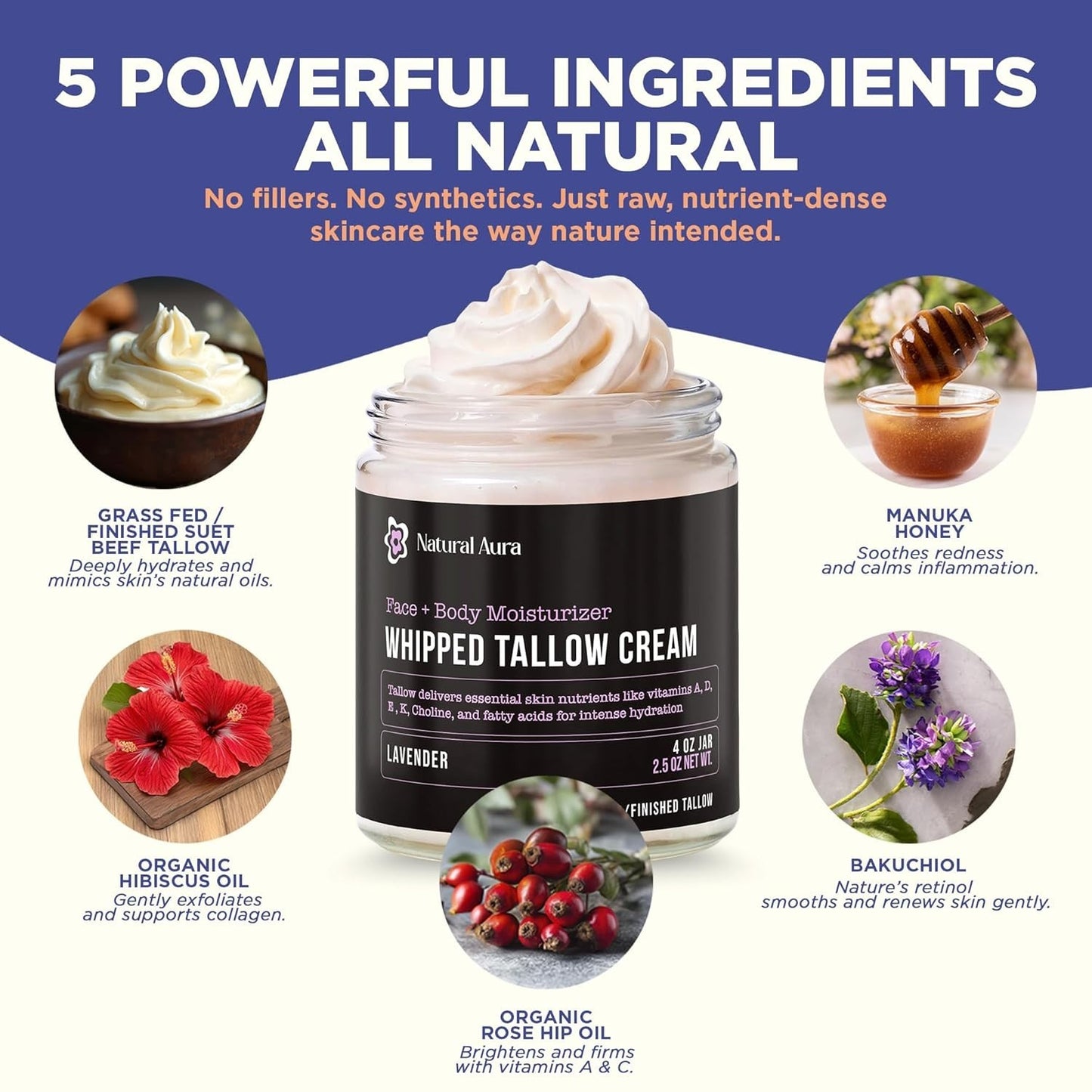 Whipped Beef Tallow 4oz Face & Body Moisturizer Lavender Natural Skin Balm