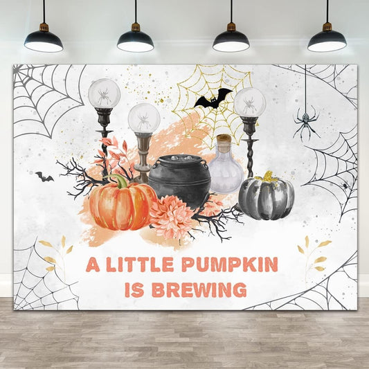 Lofaris A Little Pumpkin is Brewing Backdrop Haunted Horror Forest Bat Web Pumpk