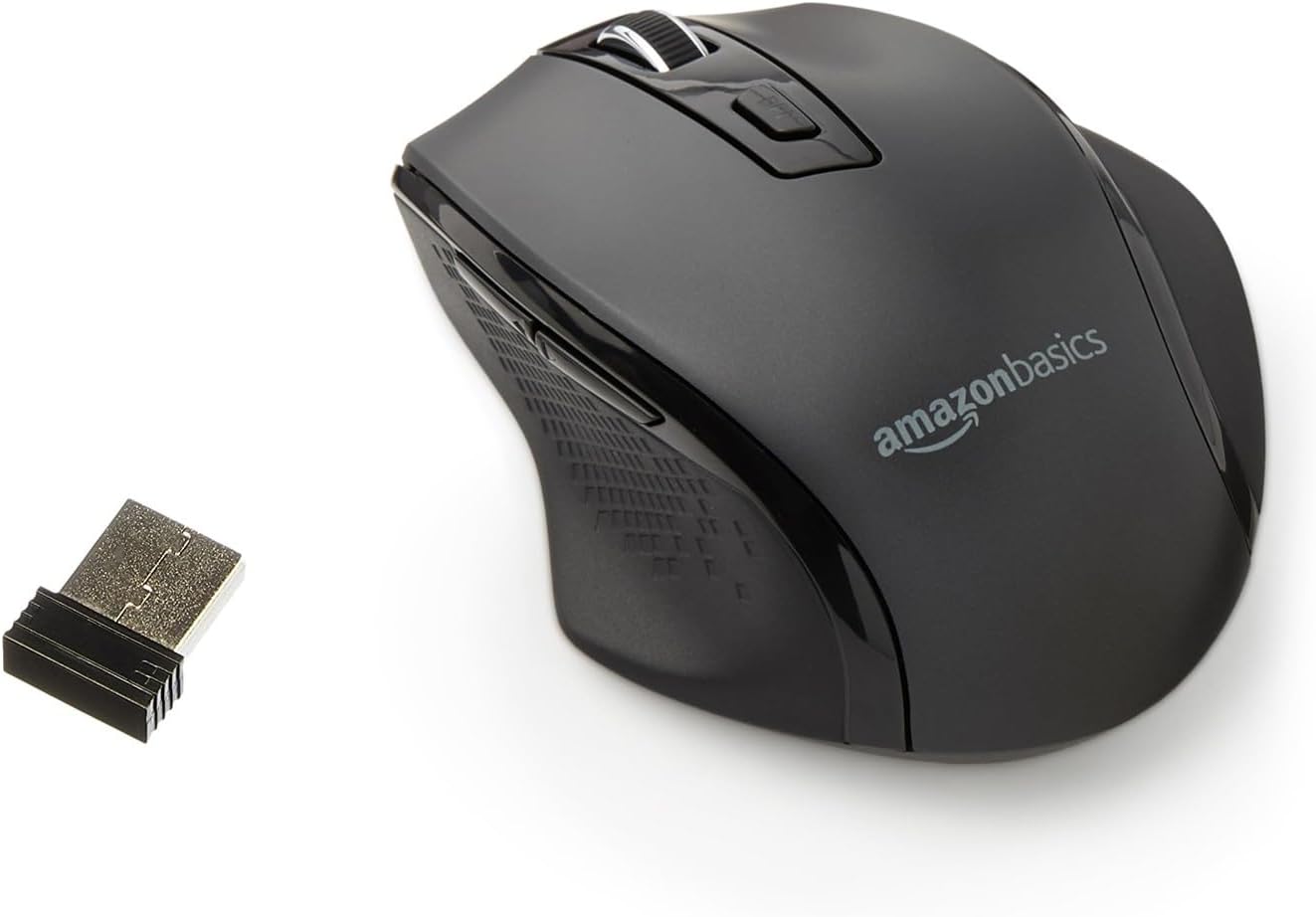 Amazon Basics Portable Wireless Computer Mouse, Ergonomic, 2.4 GHz Optical, DPI Adjustable, Easy to Use, Compatible With PC, Mac, Laptop, Black