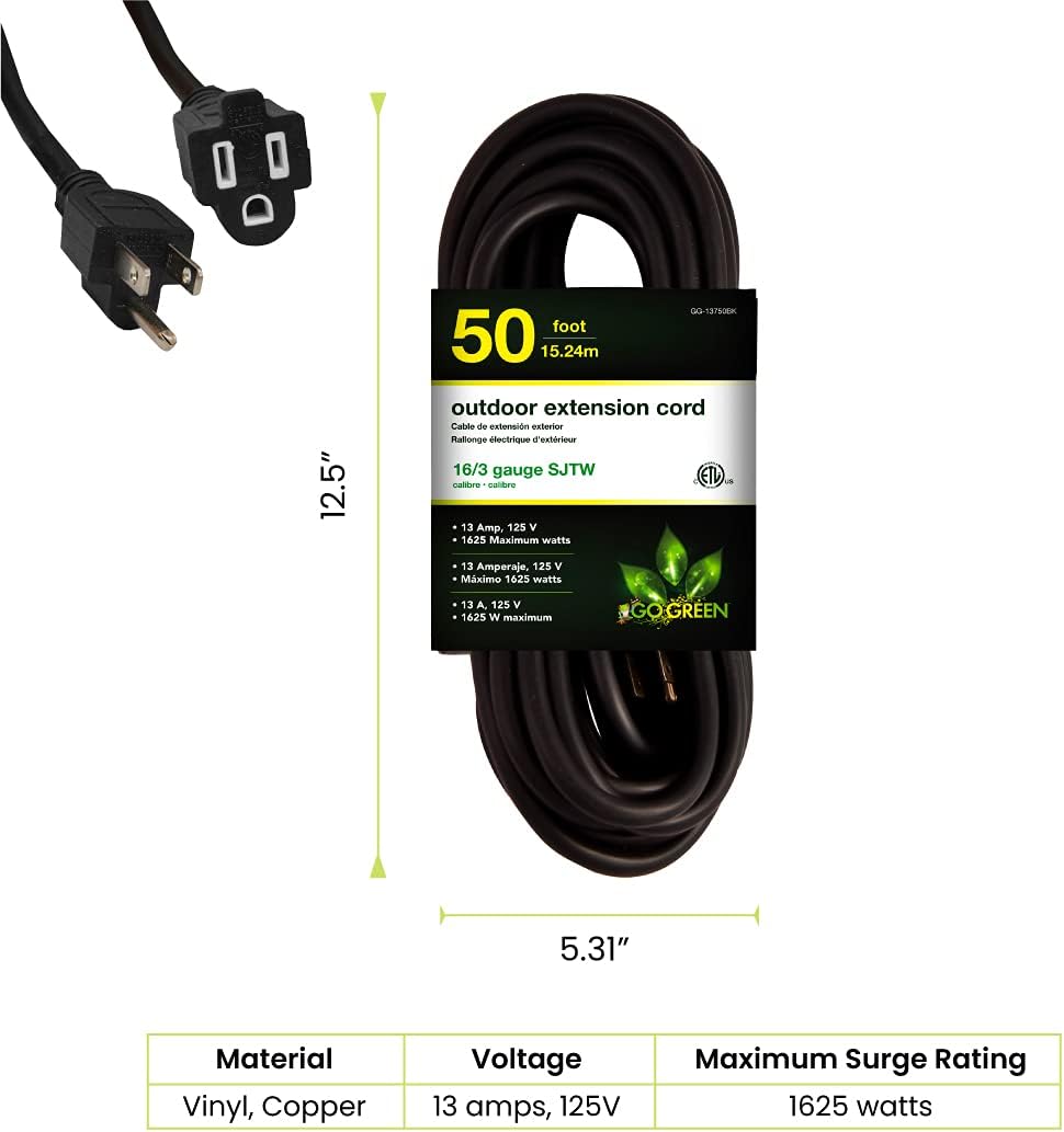GoGreen Power 16/3 50ft Black Outdoor Extension Cord GG-13750BK Heavy Duty