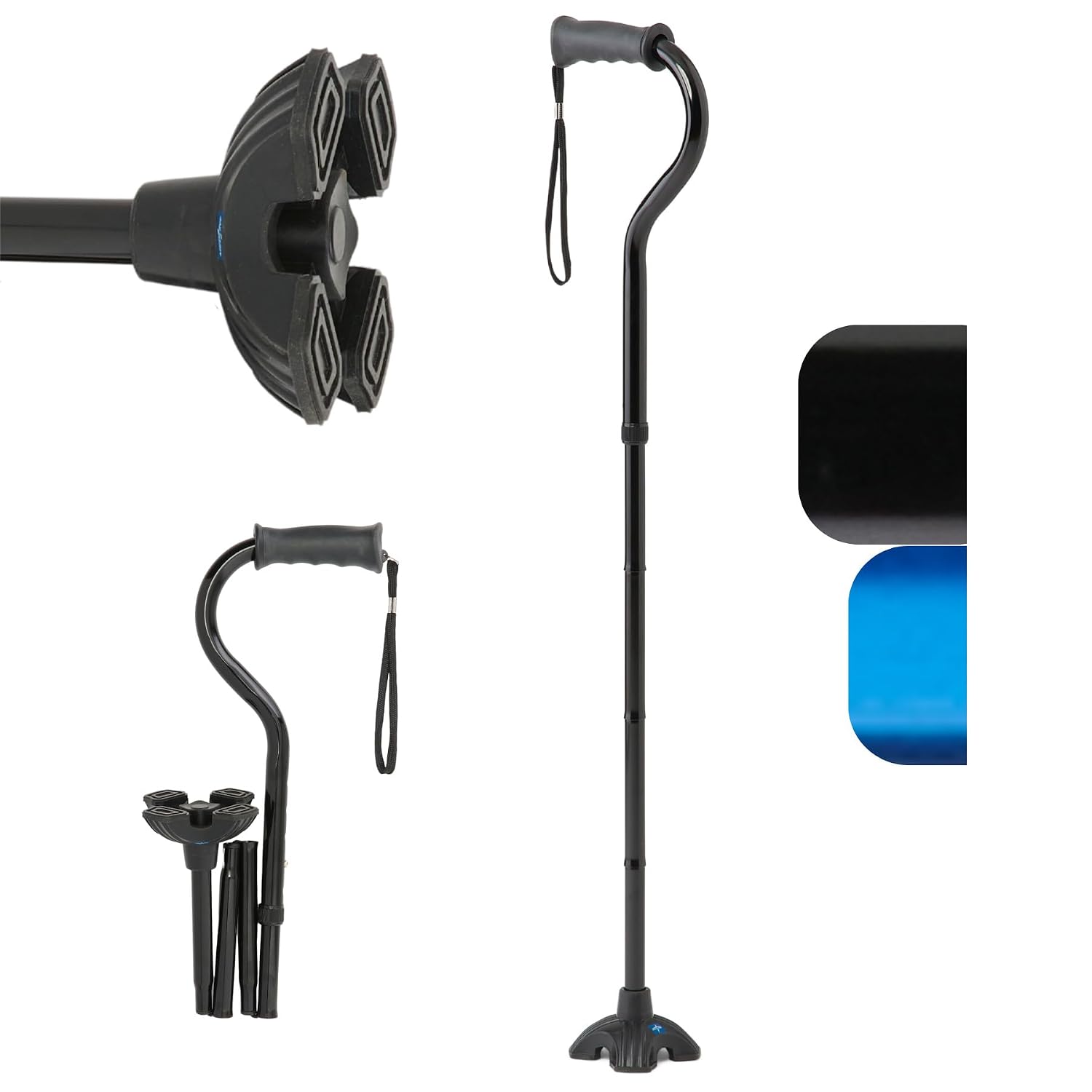 Medline Offset Folding Cane 4-Point Base Cushioned Gel Handle 350lb Black