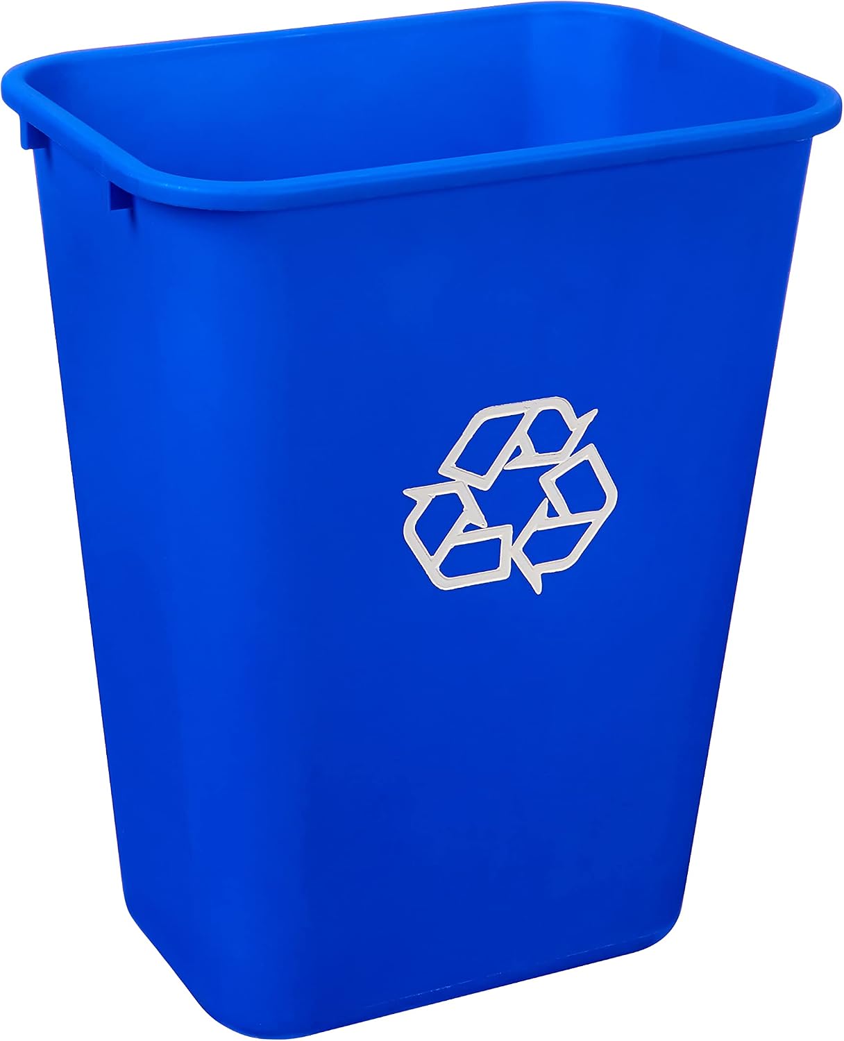 Amazon Basics 10 Gal Rectangular Commercial Wastebasket Blue Recycle Logo