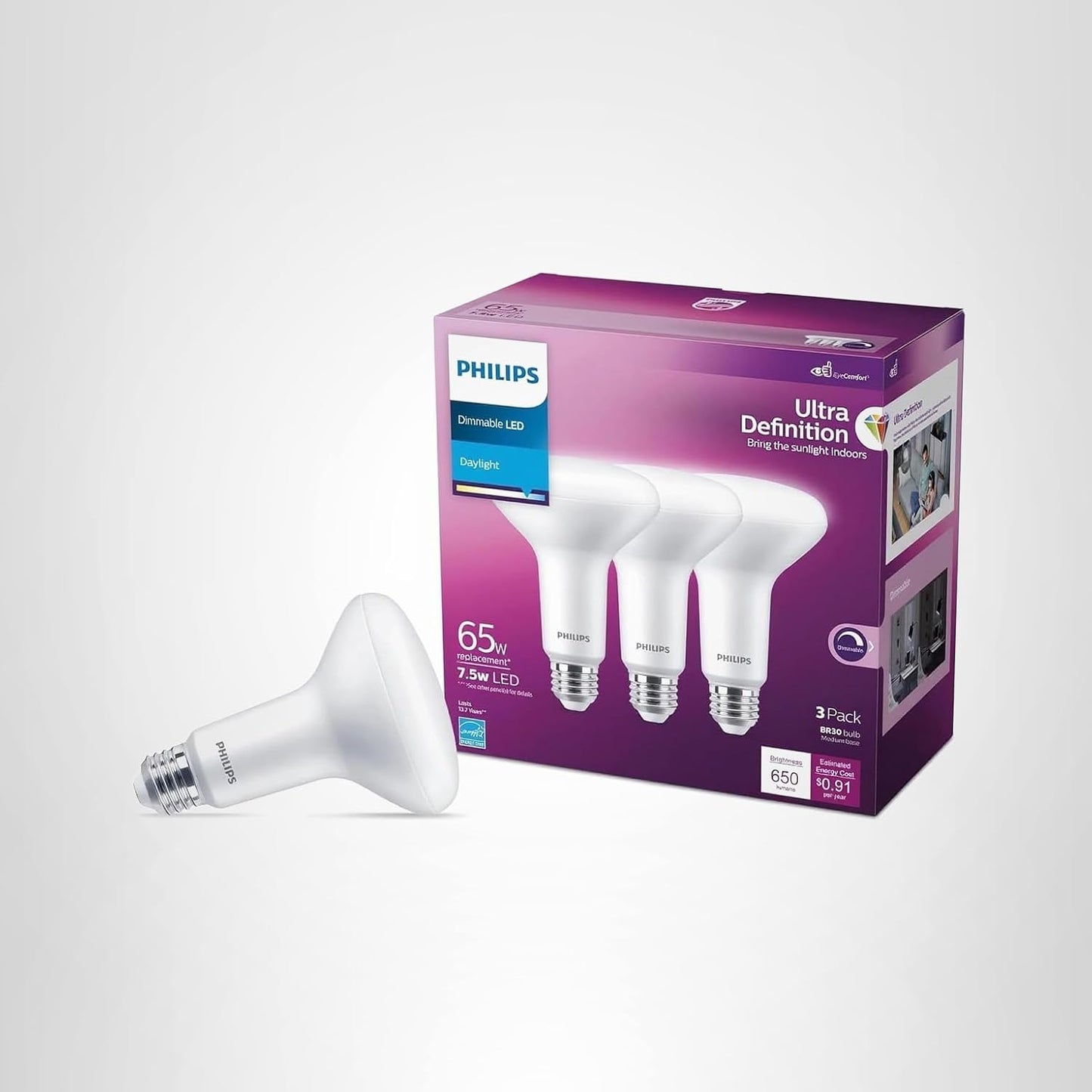 Philips BR30 65W LED Bulbs 3-Pack Daylight 5000K 650lm Dimmable Flicker-Free