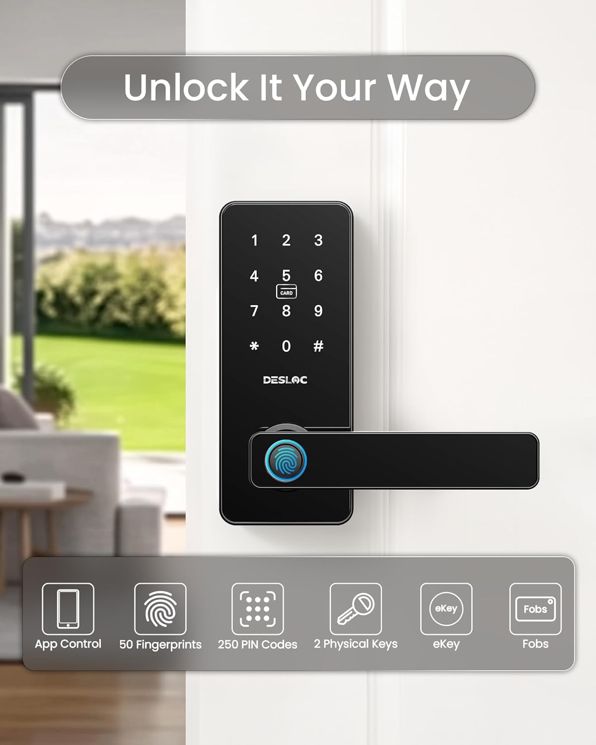 DESLOC B200L Fingerprint Smart Lock w/ Handle Keyless Entry Keypad App Control