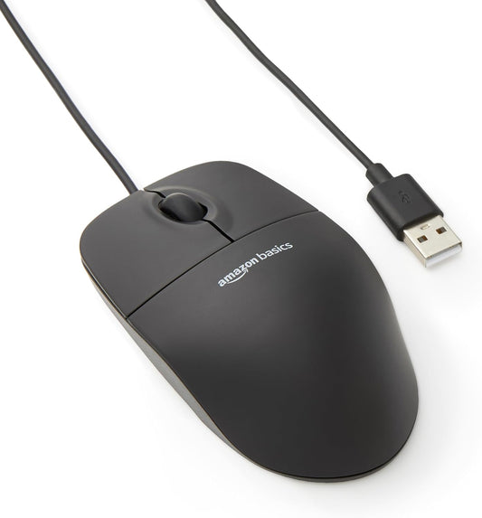 Amazon Basics 3-Button USB Wired Mouse with Responsive Tracking, Plug & Play, Compatible with Windows and Mac, Black