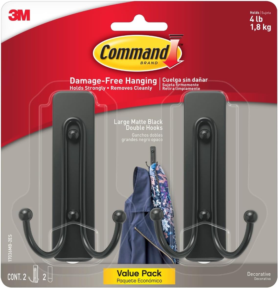 Command Large Matte Black Double Hooks 2-Pack Damage-Free Wall Hooks 4lb