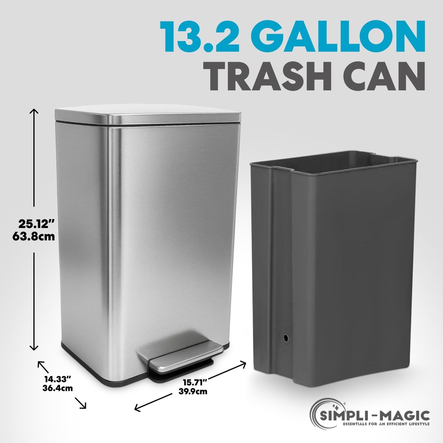 SIMPLI-MAGIC 50L 13.2 Gal Soft Close Stainless Steel Trash Can w/ Foot Pedal