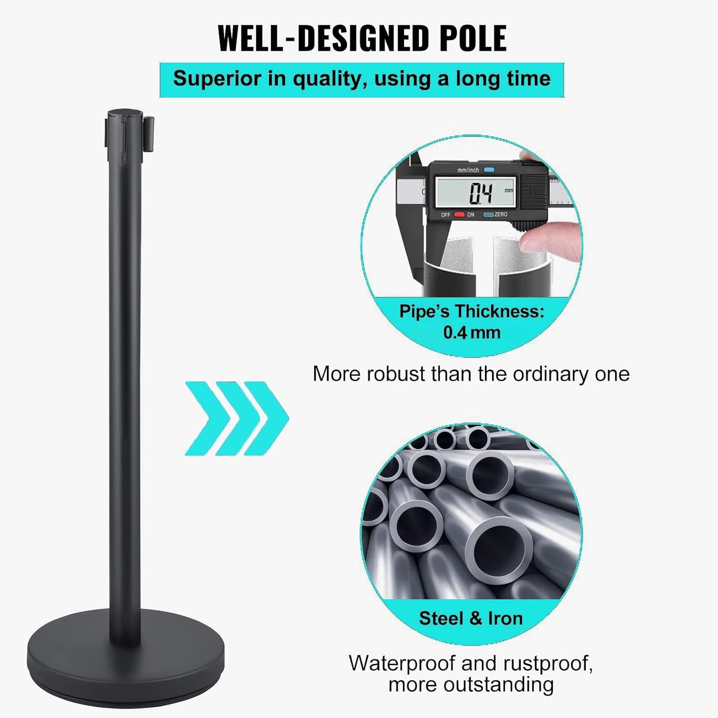 EliteEdge Crowd Control Stanchion Queue Post w/ 6.5ft Retractable Belt 36in