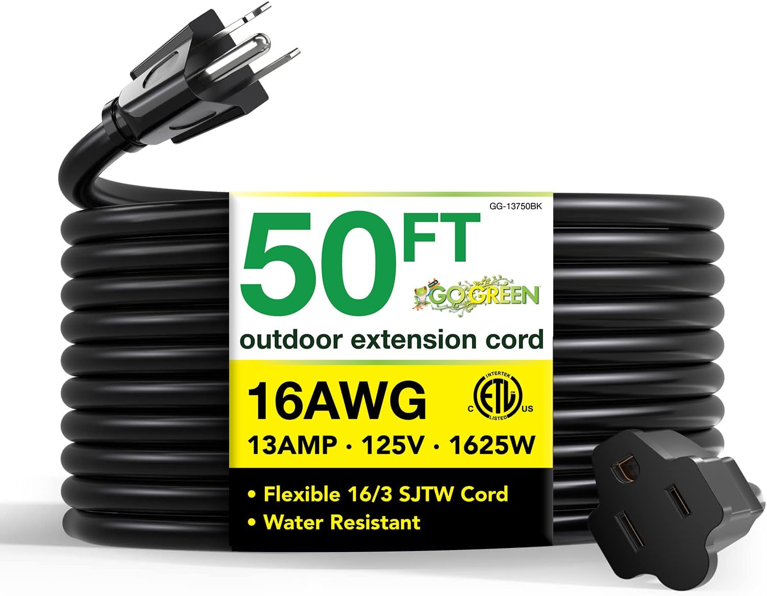 GoGreen Power 16/3 50ft Black Outdoor Extension Cord GG-13750BK Heavy Duty