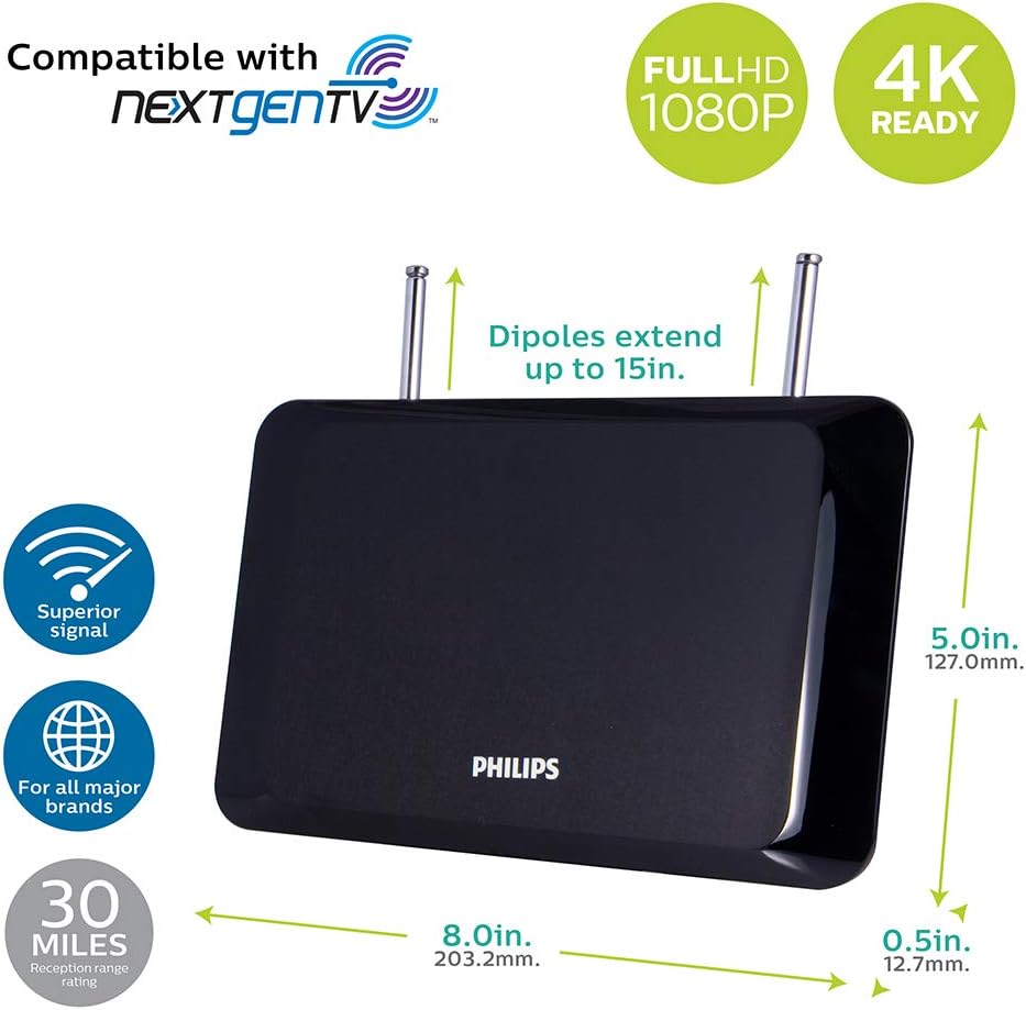 Philips SDV1227B/27 Indoor TV Antenna Digital HDTV 4K 1080P VHF UHF 6ft Cable