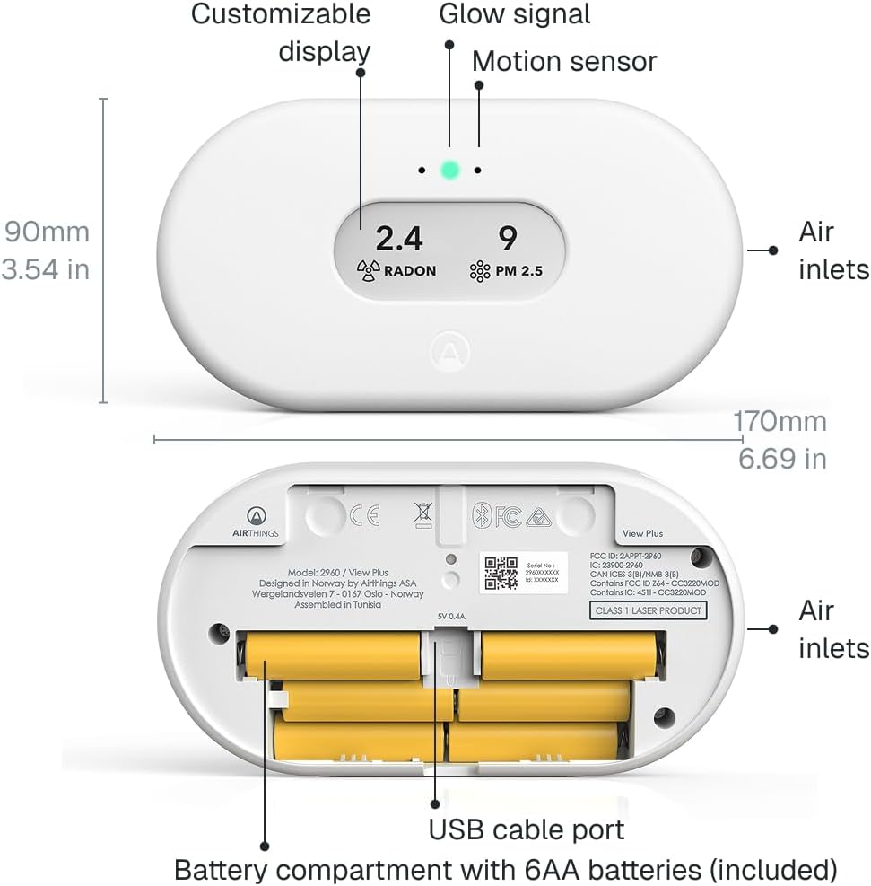 Airthings 2960 View Plus Radon & Air Quality Monitor PM CO2 VOC Battery WiFi