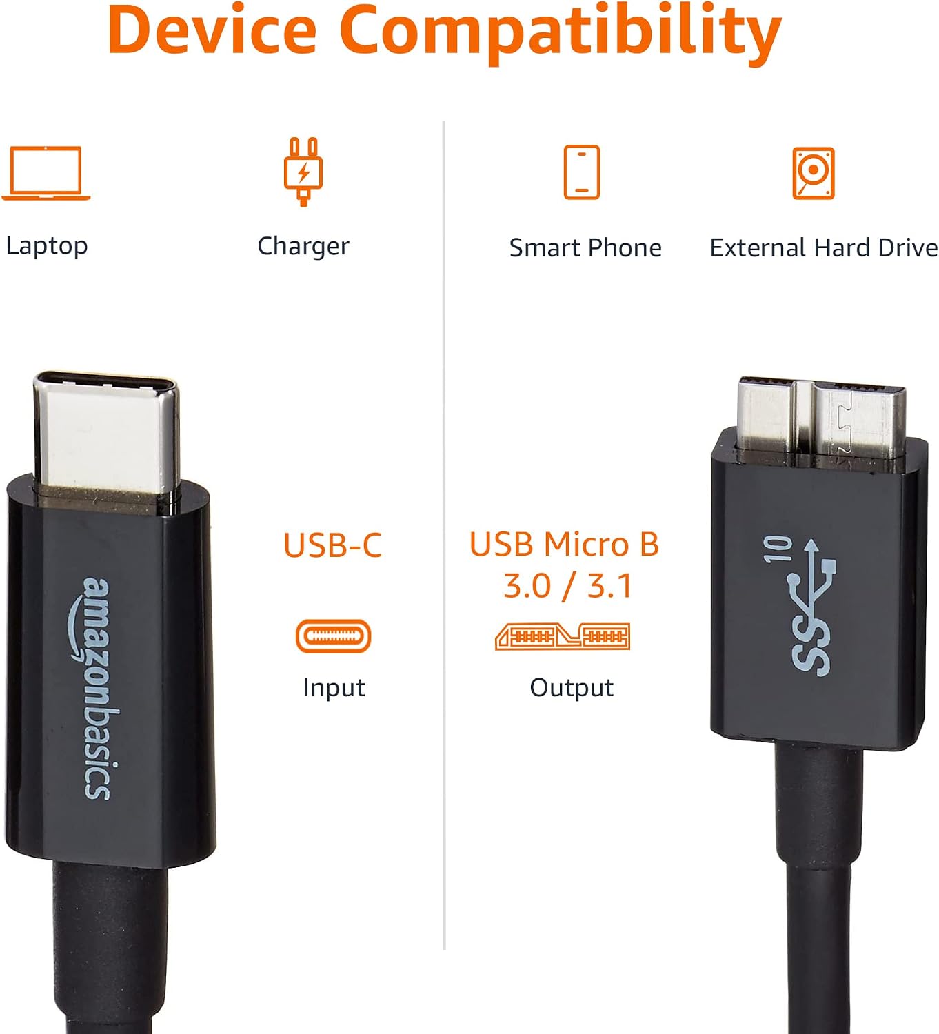 AmazonBasics USB Type-C to Micro-B 3.1 Gen2 Cable for Tablet, Personal Computer, Laptop, Smartphone - 3 Feet (0.9 Meters) - Black