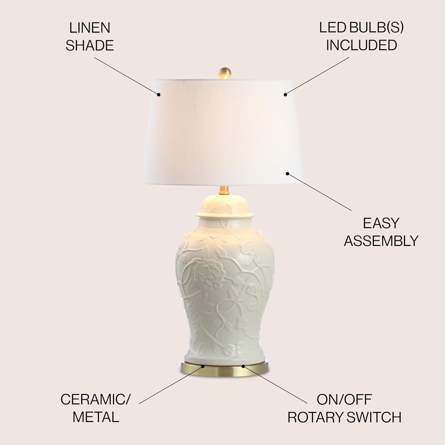 JONATHAN Y 29.5in Cream Ceramic Chinoiserie Ginger Jar Table Lamp Brass Base