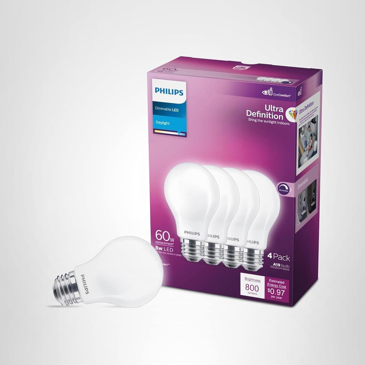 Philips A19 60W LED Bulbs 4-Pack Dimmable Daylight 3500K 800lm E26 Flicker-Free