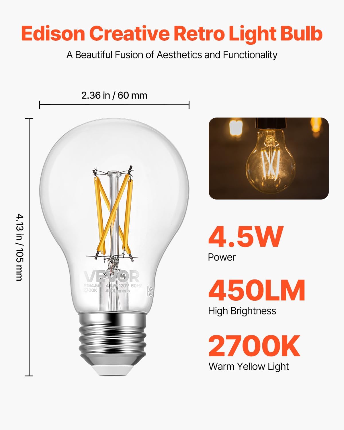 VEVOR A19 Vintage Edison LED Bulbs 6 Pack 4.5W Dimmable 2700K E26 Filament