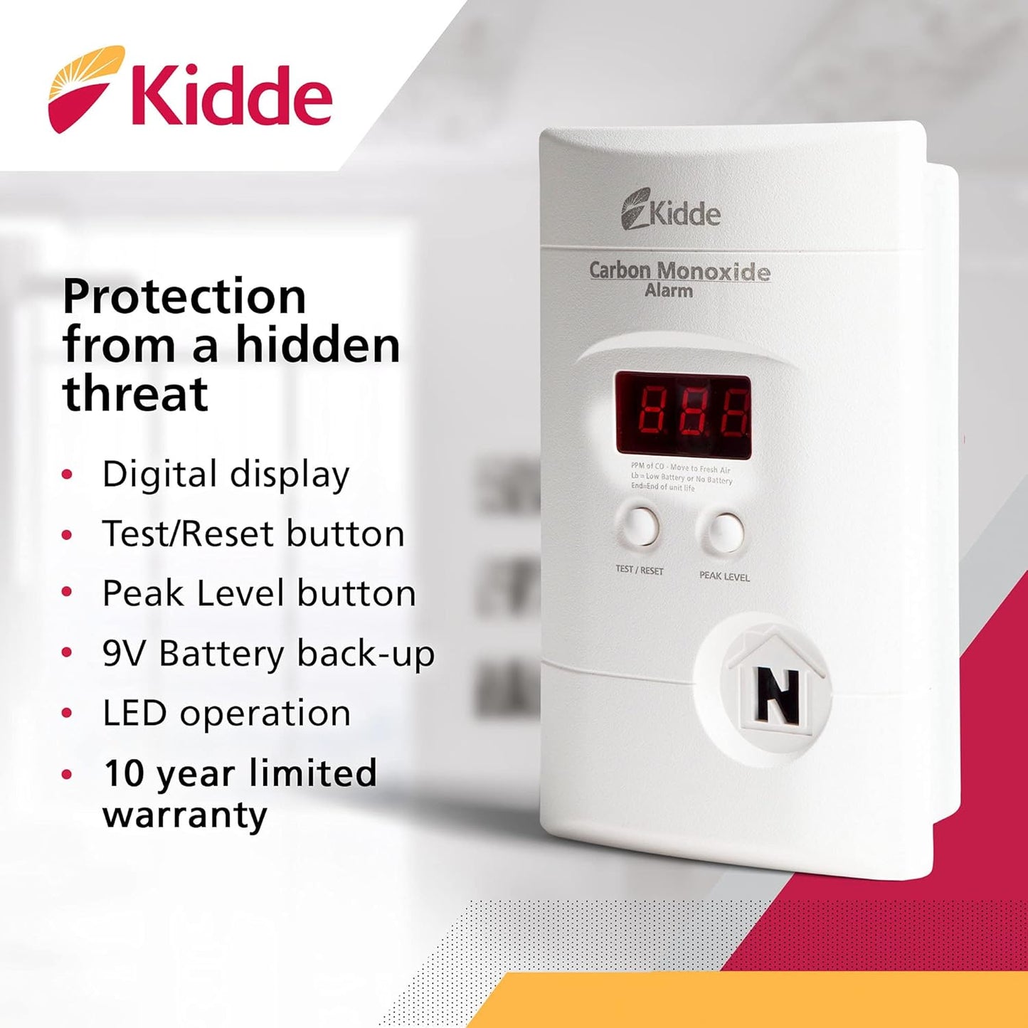 Kidde Plug In Carbon Monoxide Detector 9V Battery Backup Digital LED Display