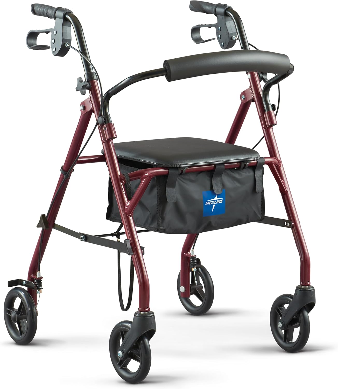Medline Steel Rollator Walker w/ Seat Burgundy 350 lb 6in Wheels Foldable