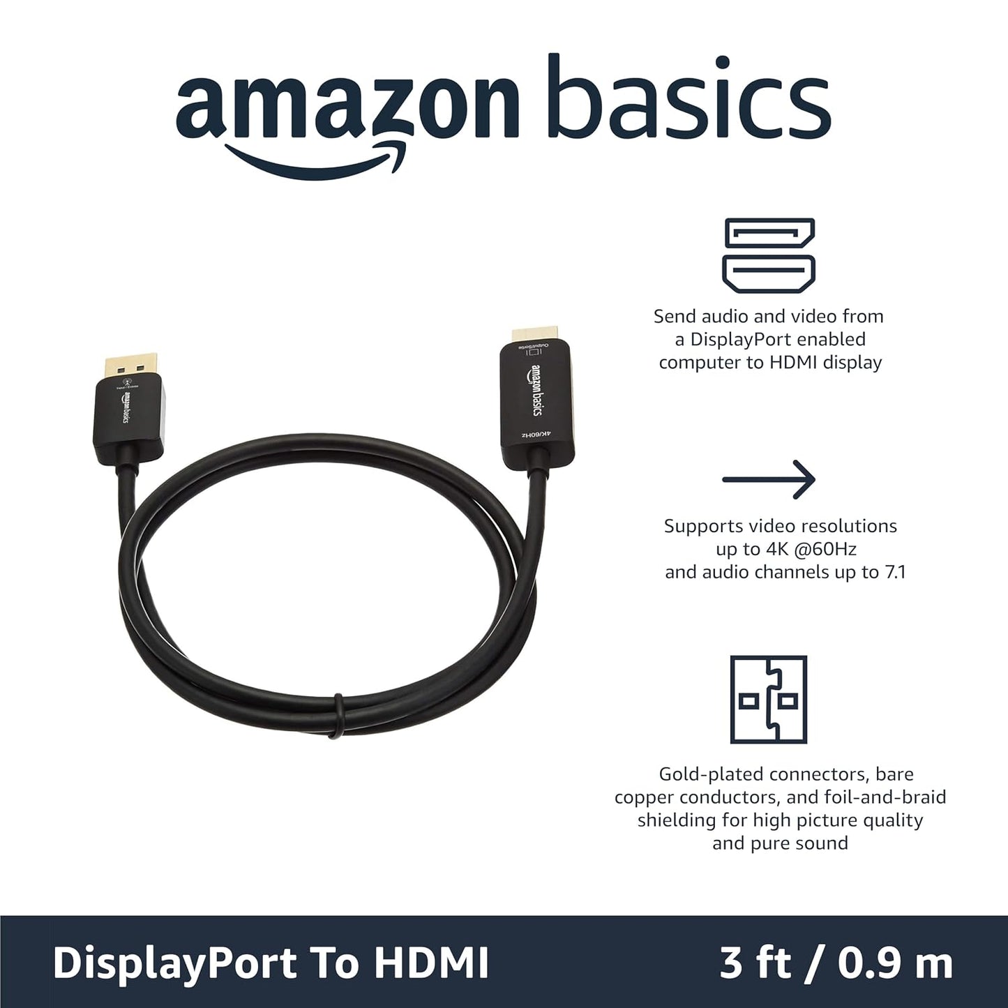 Amazon Basics DisplayPort to HDMI Cable, Uni-Directional, Computer to Screen, Video and Audio, 1080p, 1920x1200, 4K@60Hz, 3 ft, Gold-Plated Plug, Blac