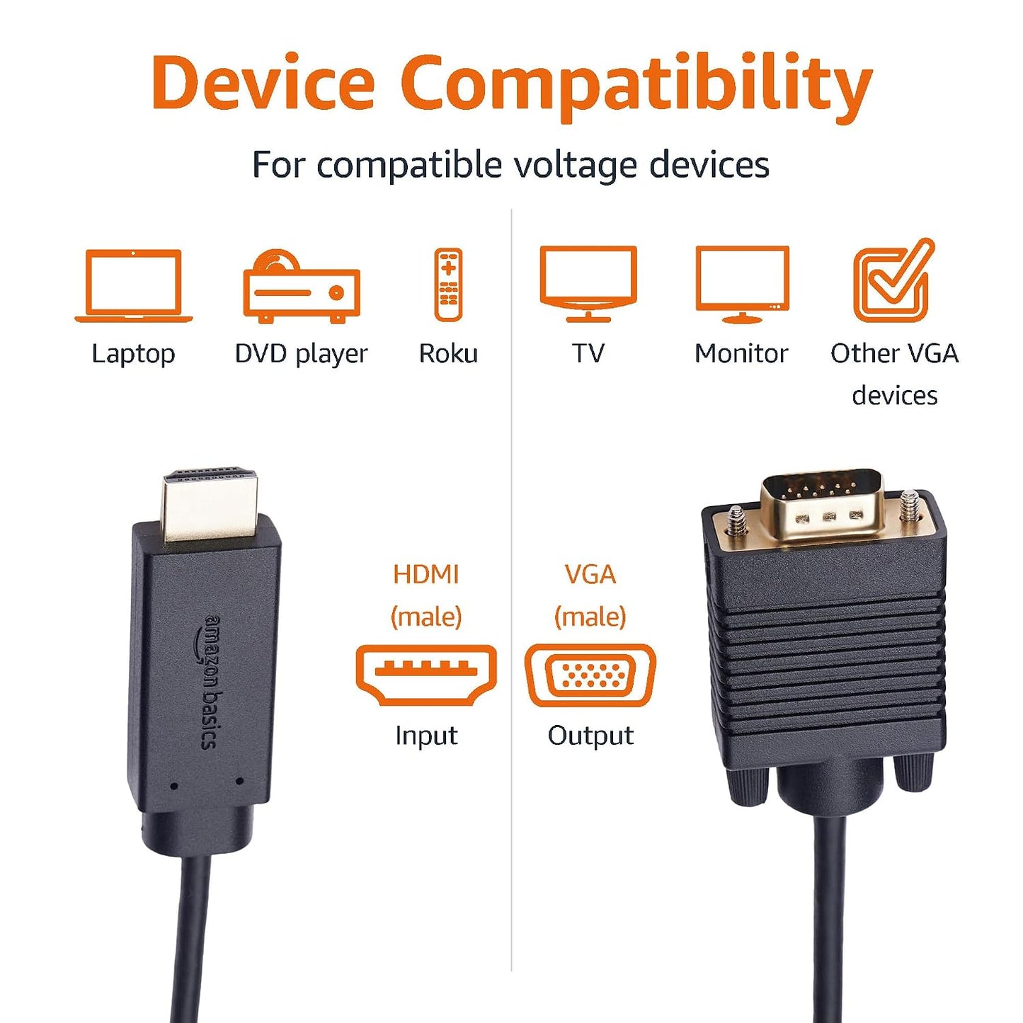 Amazon Basics HDMI to VGA Cable, 1080P, Gold-Plated, 6 feet, Black