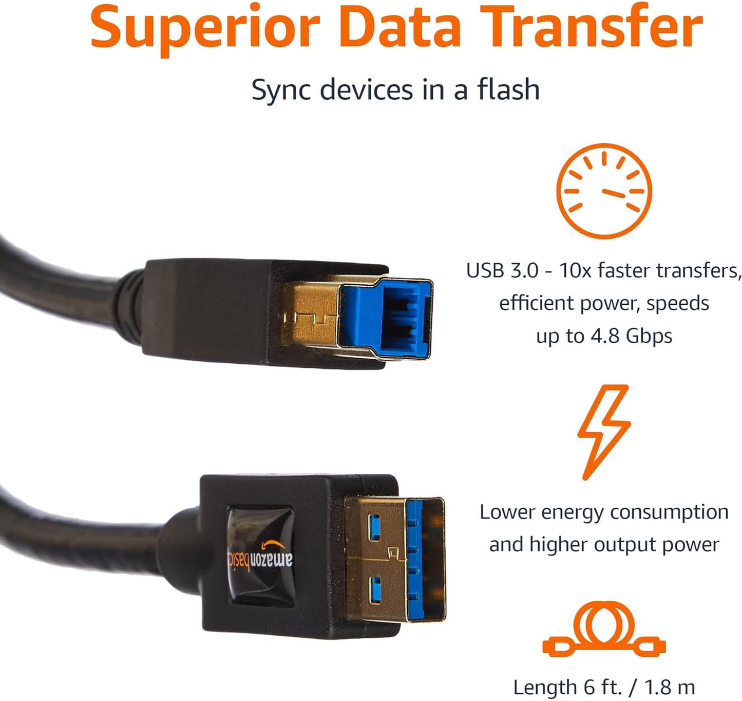 Amazon Basics USB-A to USB-B 3.0 Cable, 4.8Gbps High-Speed with Gold-Plated Plugs, 6 Foot, Black