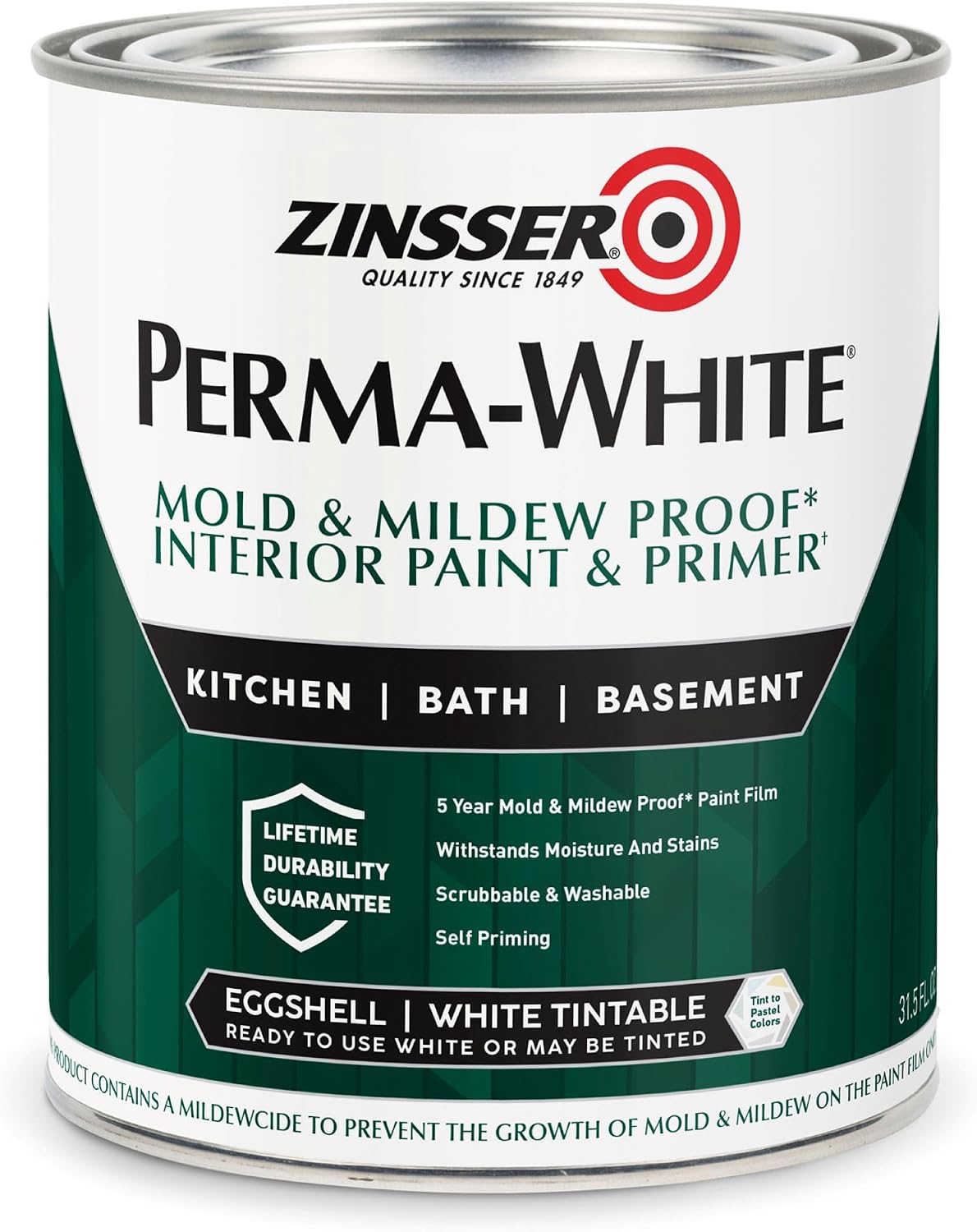 Zinsser 02774 PERMA-WHITE Mold & Mildew Proof Interior Paint Quart Eggshell