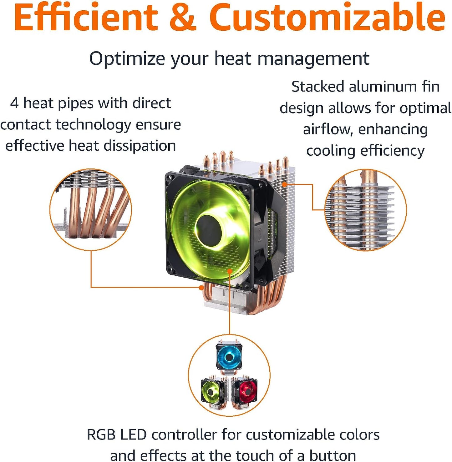 Amazon Basics Computer Cooling Fan with Cooler Master Technology, CPU Air Cooler, 4 Heat Pipes, RGB LED PWM, Aluminum Fins