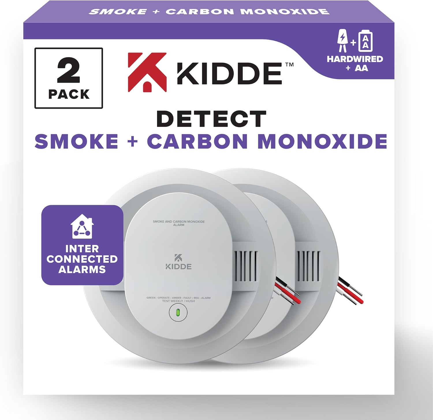 Kidde Hardwired Smoke & CO Detector AA Battery Backup Interconnect 2 Pack