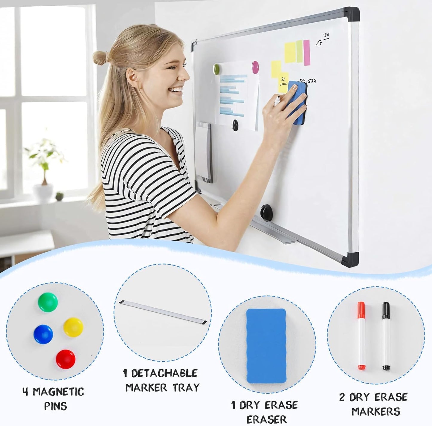DUMOS 36x24 Magnetic Dry Erase White Board Kit w/ Eraser Markers Magnetic Pins