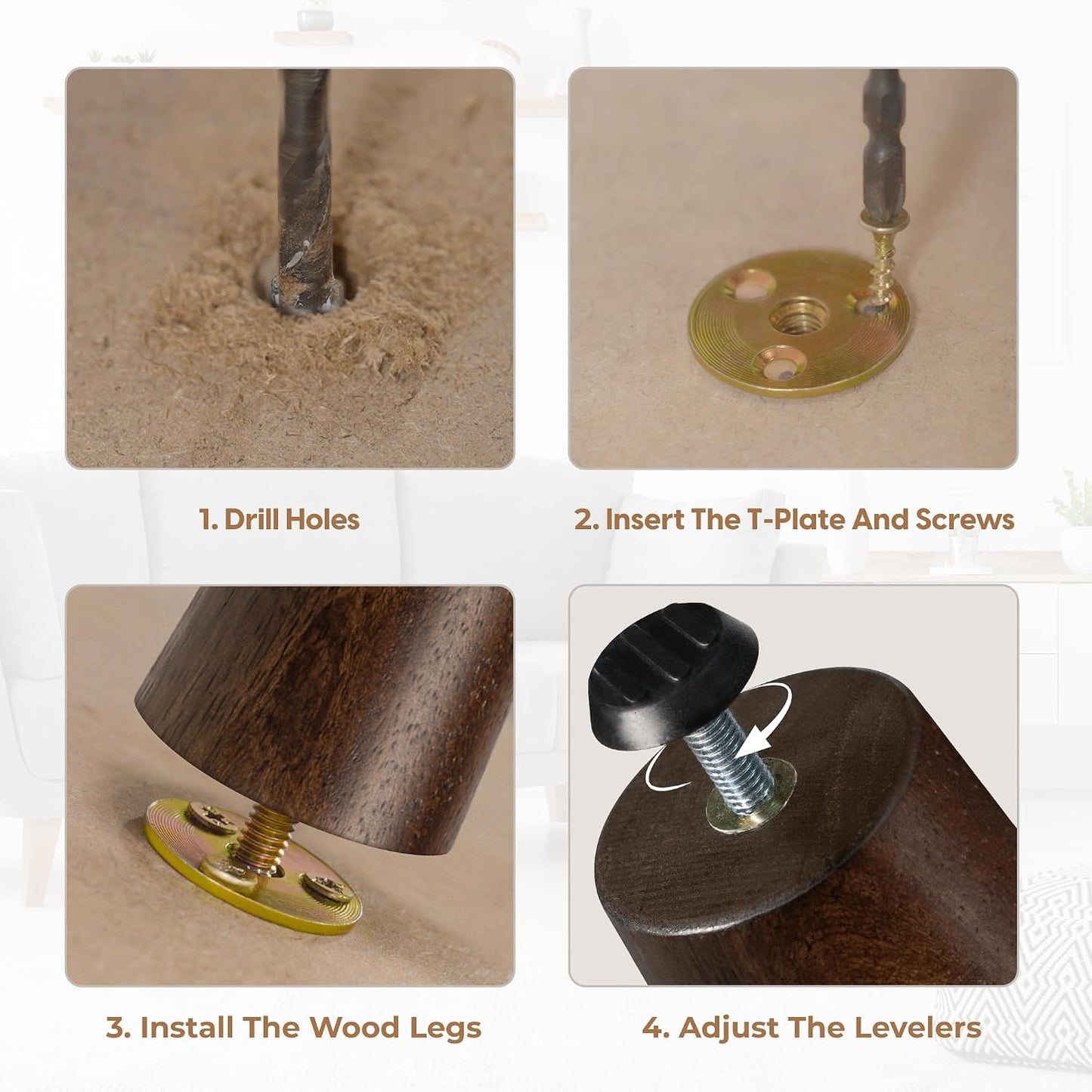 Yes4All 6in Square Wood Furniture Legs Set of 4 Adjustable Leveler Brown