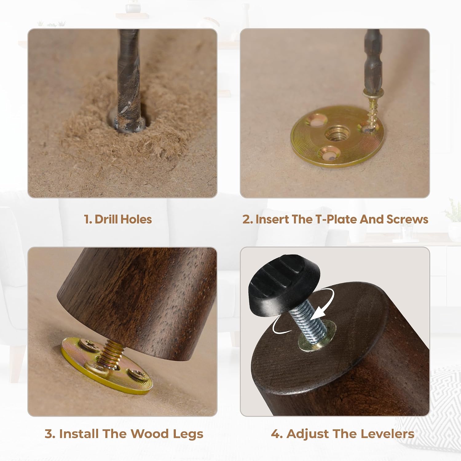 Yes4All 6in Square Wood Furniture Legs Set of 4 Adjustable Leveler Brown