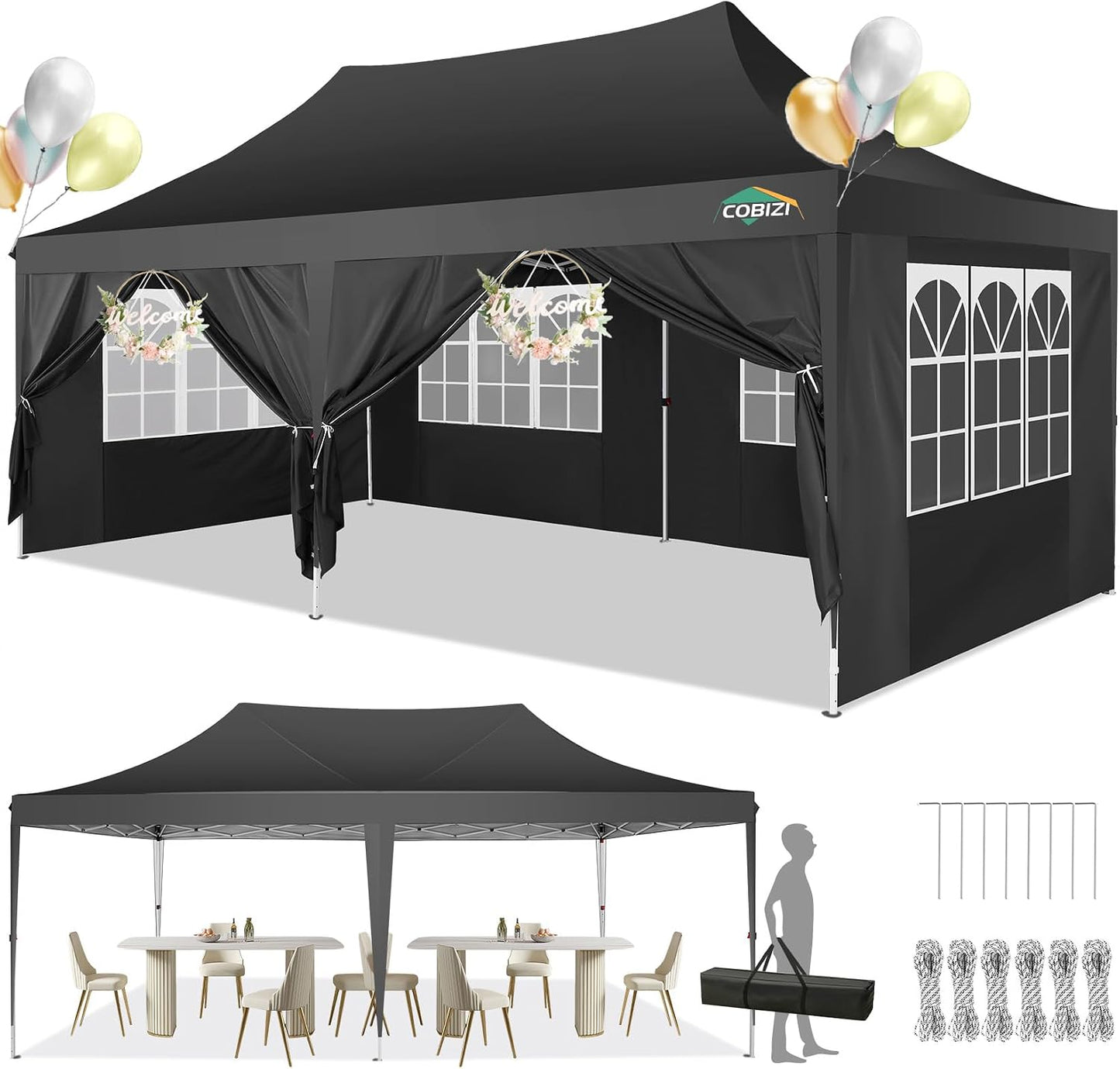 COBIZI 10x10 FT Party Tent w/ 4 Sidewalls White Lightweight Canopy