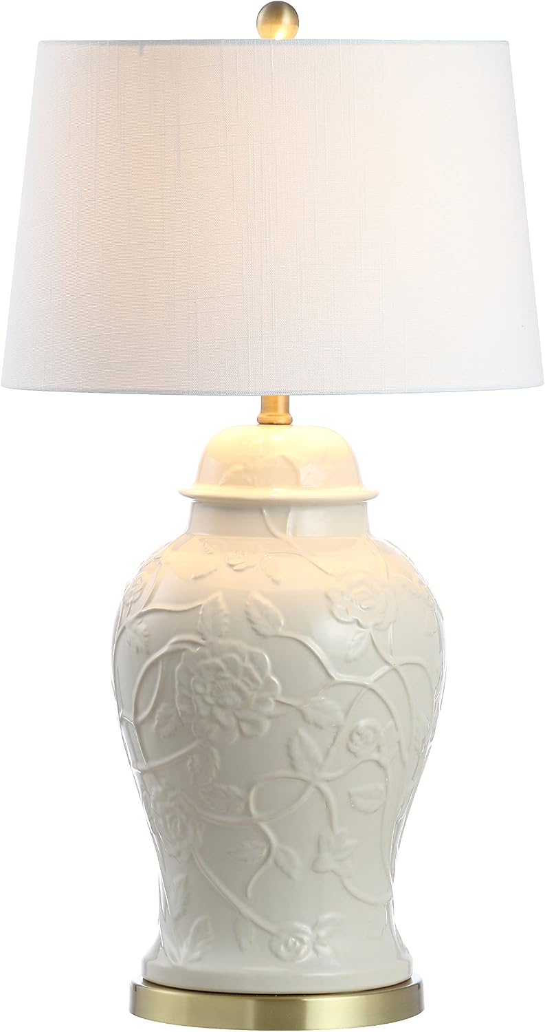 JONATHAN Y 29.5in Cream Ceramic Chinoiserie Ginger Jar Table Lamp Brass Base