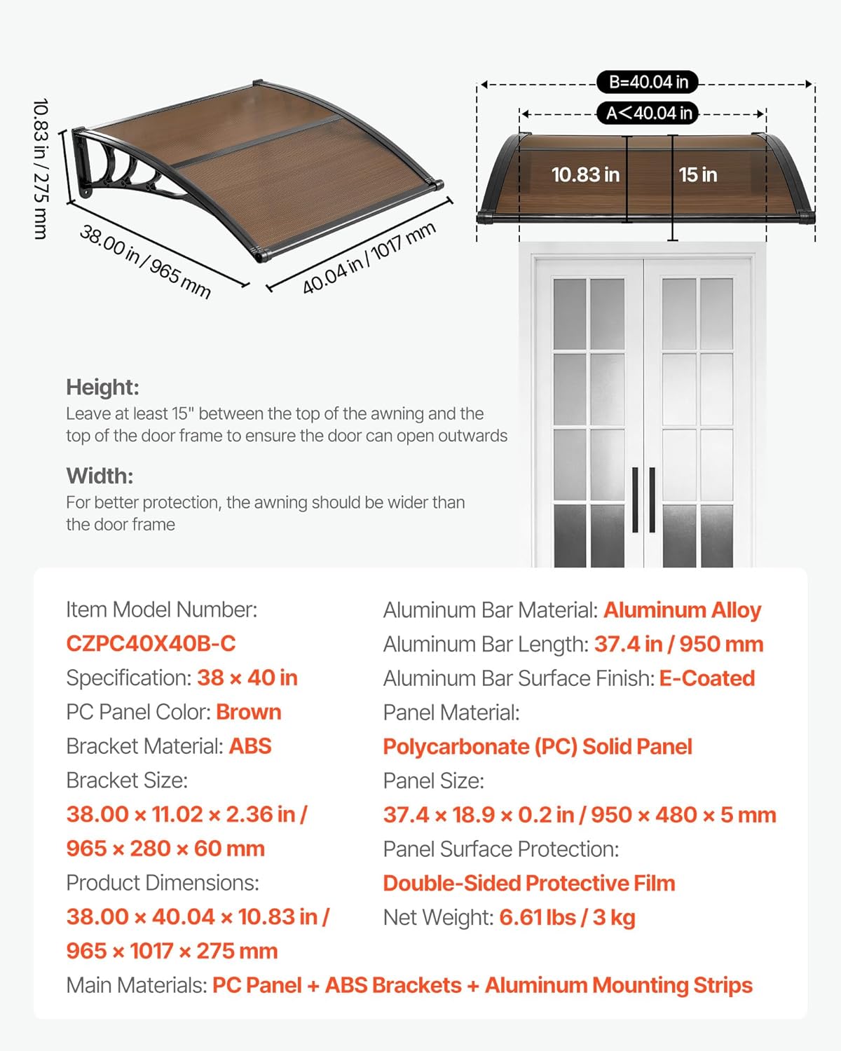 VEVOR 38x40in Door Awning Canopy Polycarbonate Cover w/ Drainage ABS Bracket