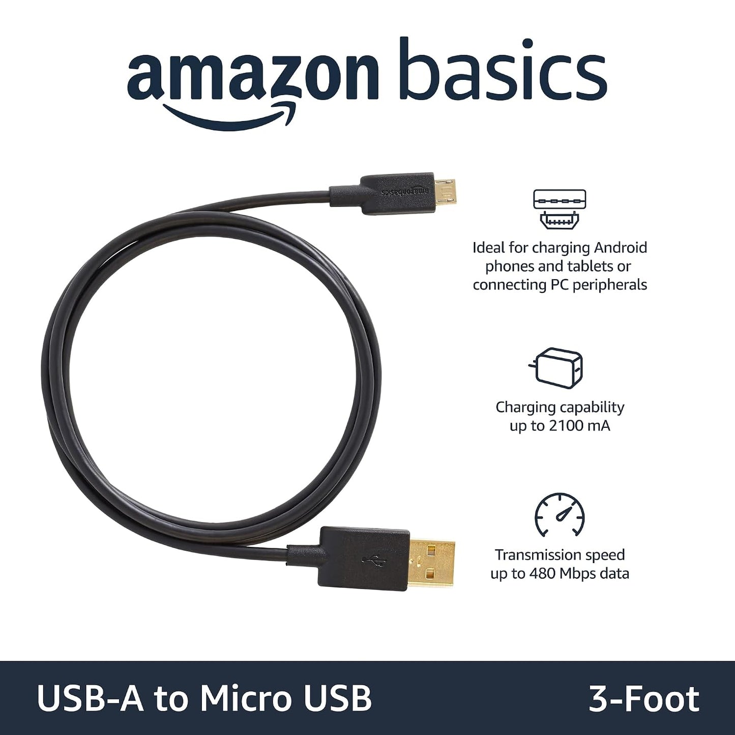 Amazon Basics 7A82V4 Connection Cable, USB 2.0, USB A Male to Micro USB B Male (1 Piece), 3 Feet, Black