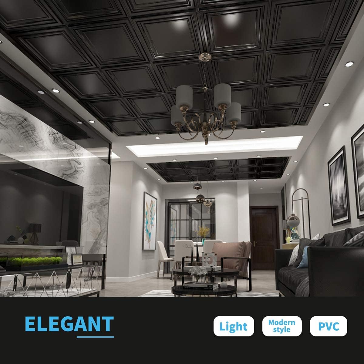 Art3d PVC Ceiling Tiles 2x2 ft Plastic Sheet Black 12 Pack
