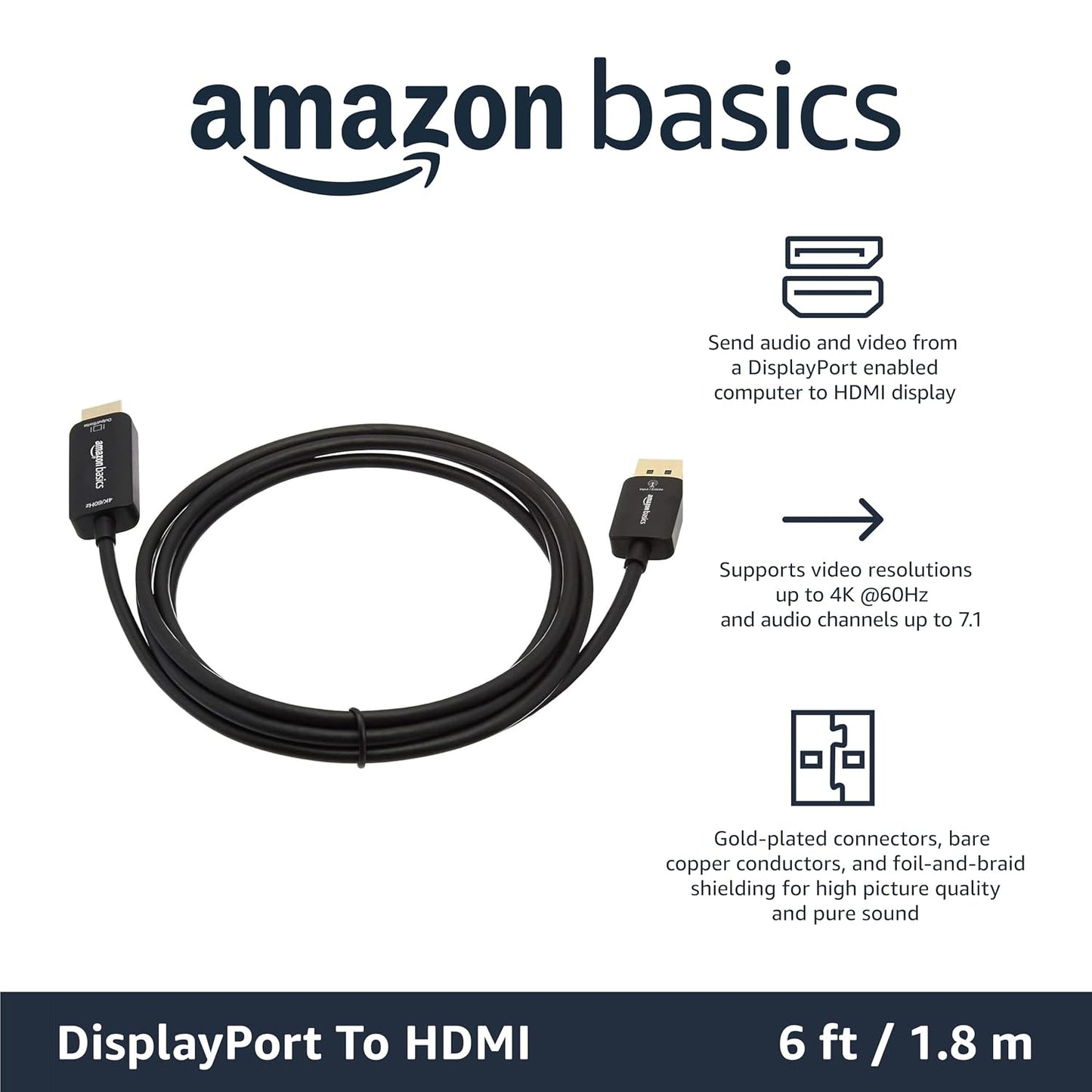 Amazon Basics DisplayPort to HDMI Cable, Uni-Directional, 1080p, 1920x1200, 4K@60Hz, Works with DisplayPort Enabled Desktops and Laptops, Connect to H