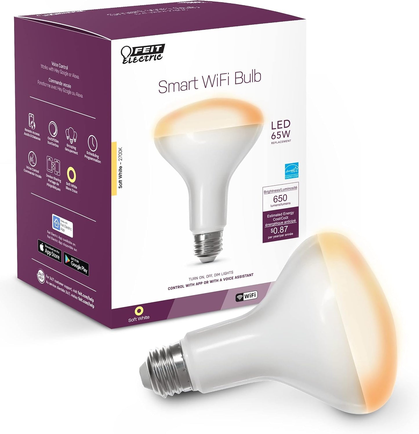 Feit Electric BR30 65W WiFi Smart LED Bulb Dimmable 2700K Alexa Google No Hub