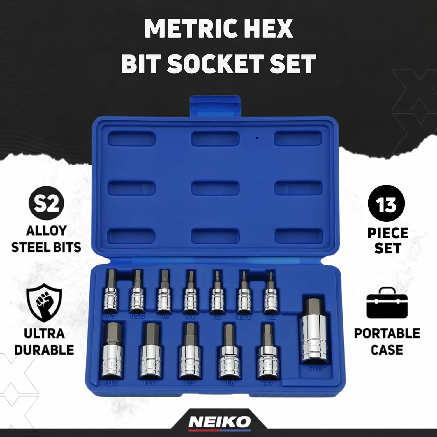 NEIKO 10074A Metric Hex Bit Socket Set 13pc S2 Steel 1/4 3/8 1/2 Drive 2-14mm