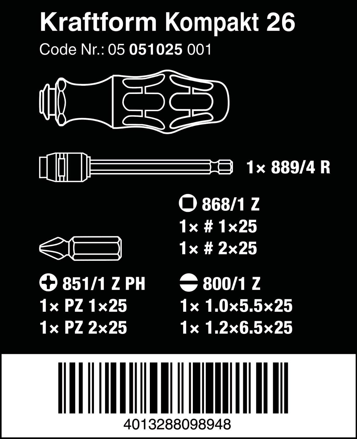 Wera 5051025001 KK 26 7-in-1 Bitholding Screwdriver Bayonet Blade SL/PH/SQ