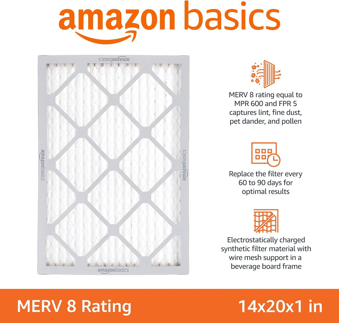 Amazon Basics 14x20x1 MERV 8 AC Furnace Air Filter Electrostatic 6 Pack
