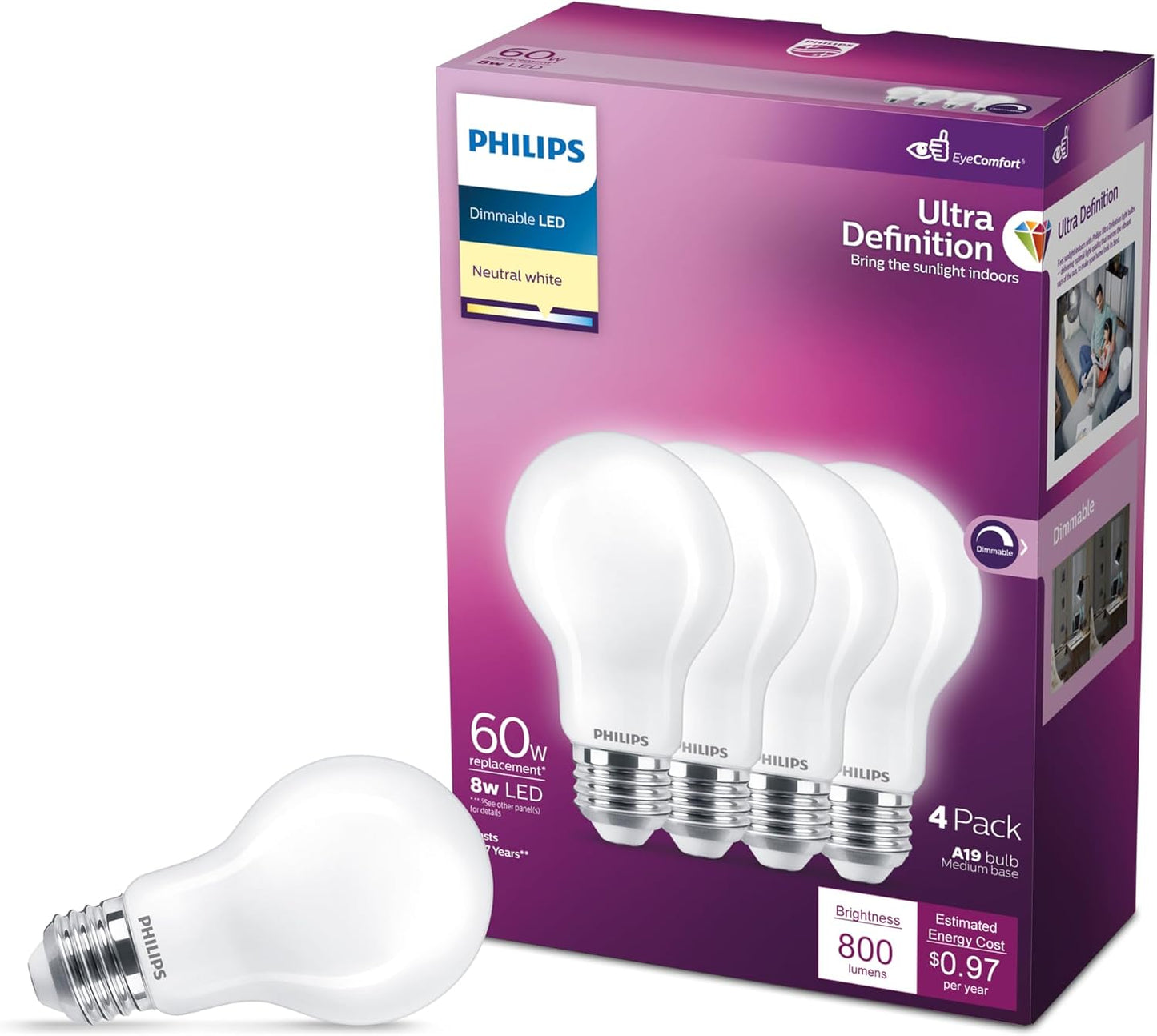 Philips A19 60W LED Bulbs 4-Pack Dimmable Daylight 3500K 800lm E26 Flicker-Free