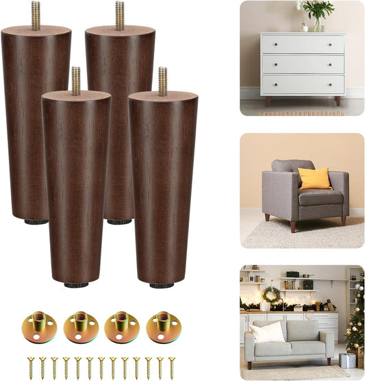Yes4All 6in Square Wood Furniture Legs Set of 4 Adjustable Leveler Brown