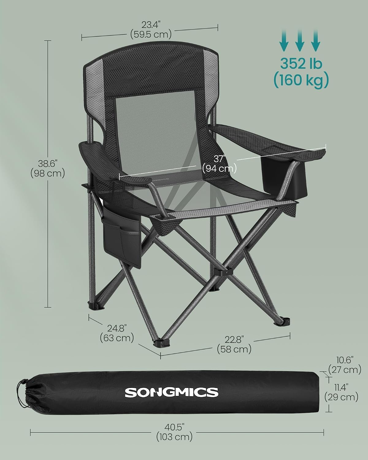 SONGMICS Oversized Folding Camping Chair 352 lb w/ Cooler Bag &amp; Storage Bag