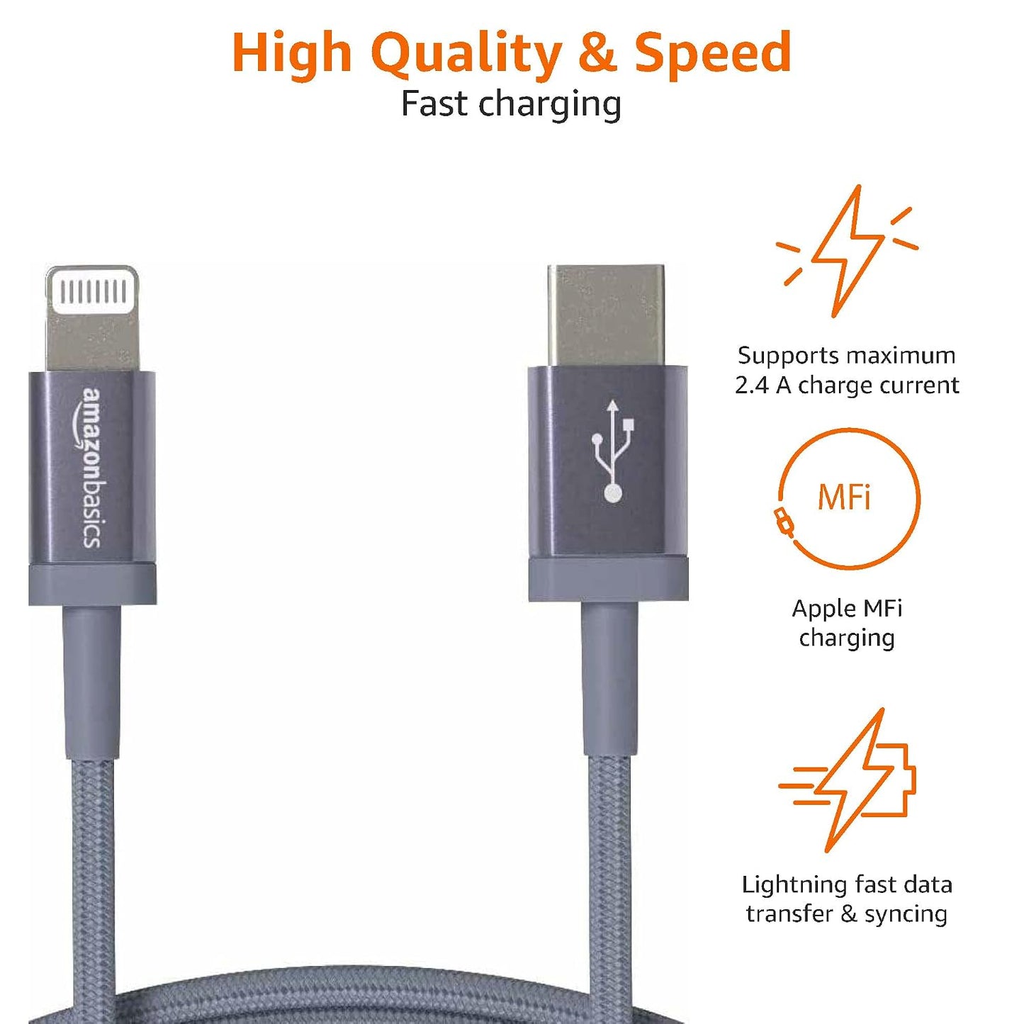 Amazon Basics MFi Certified Fast Charging USB-C to Lightning iPhone Charger Cable, Nylon Braided Cord, Compatible Charger for Apple iPhone 14 13 12 11