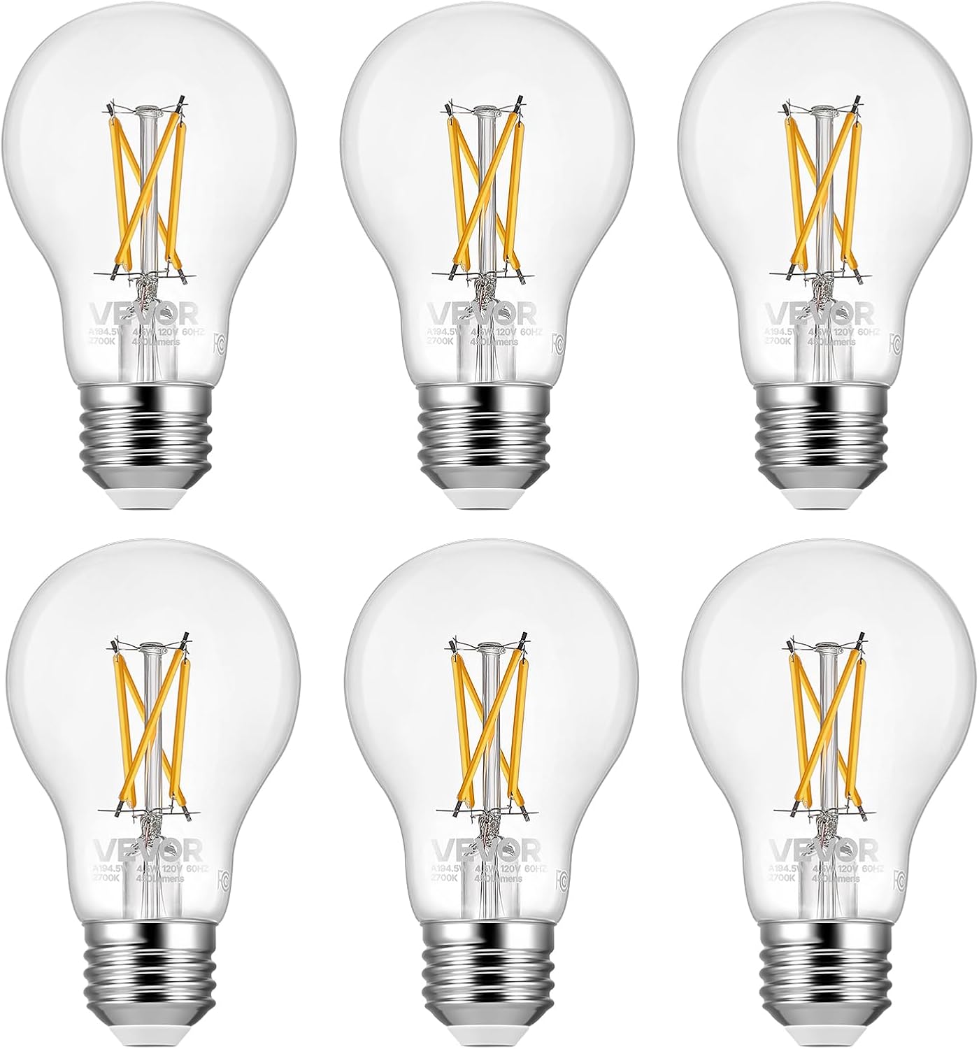 VEVOR A19 Vintage Edison LED Bulbs 6 Pack 4.5W Dimmable 2700K E26 Filament